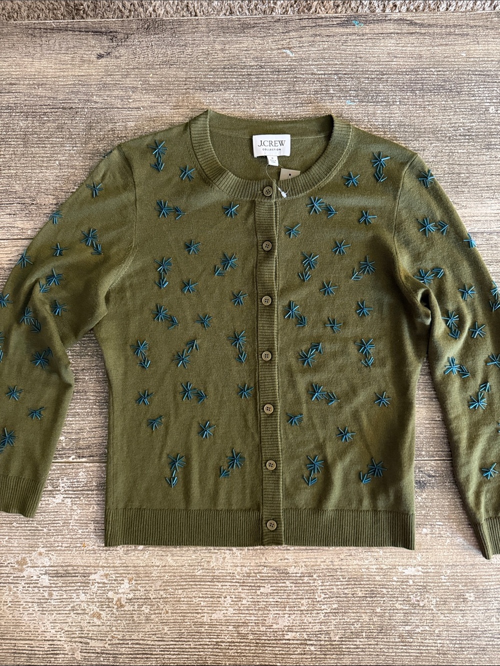 NWT J. Crew Collection moss green/blue embellishments 100% merino wool cardigan